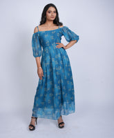 Blue Floral Off-Shoulder Maxi Dress