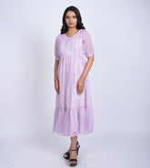 Lavender Floral Midi Dress with Puff Sleeves