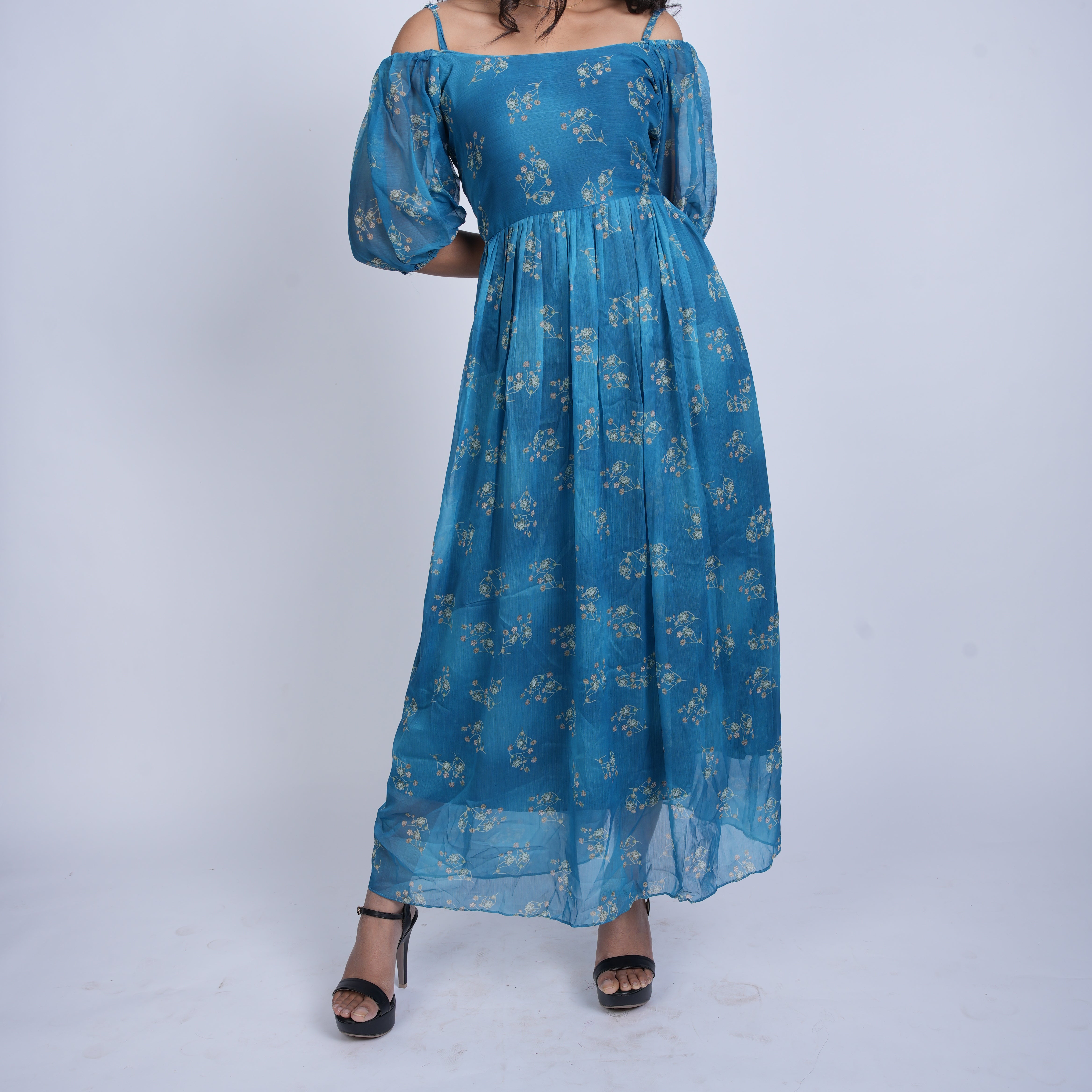 Blue Floral Off-Shoulder Maxi Dress