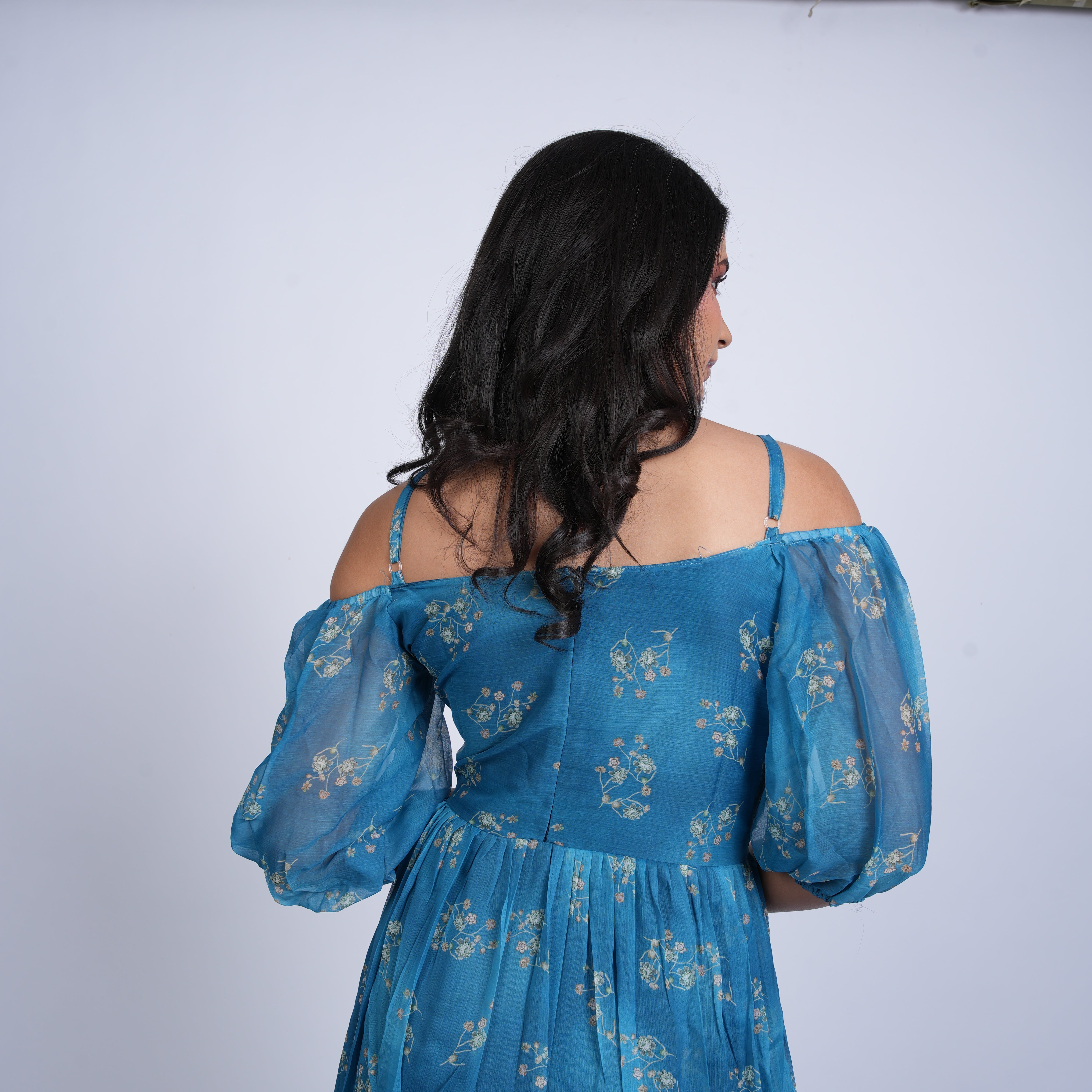 Blue Floral Off-Shoulder Maxi Dress