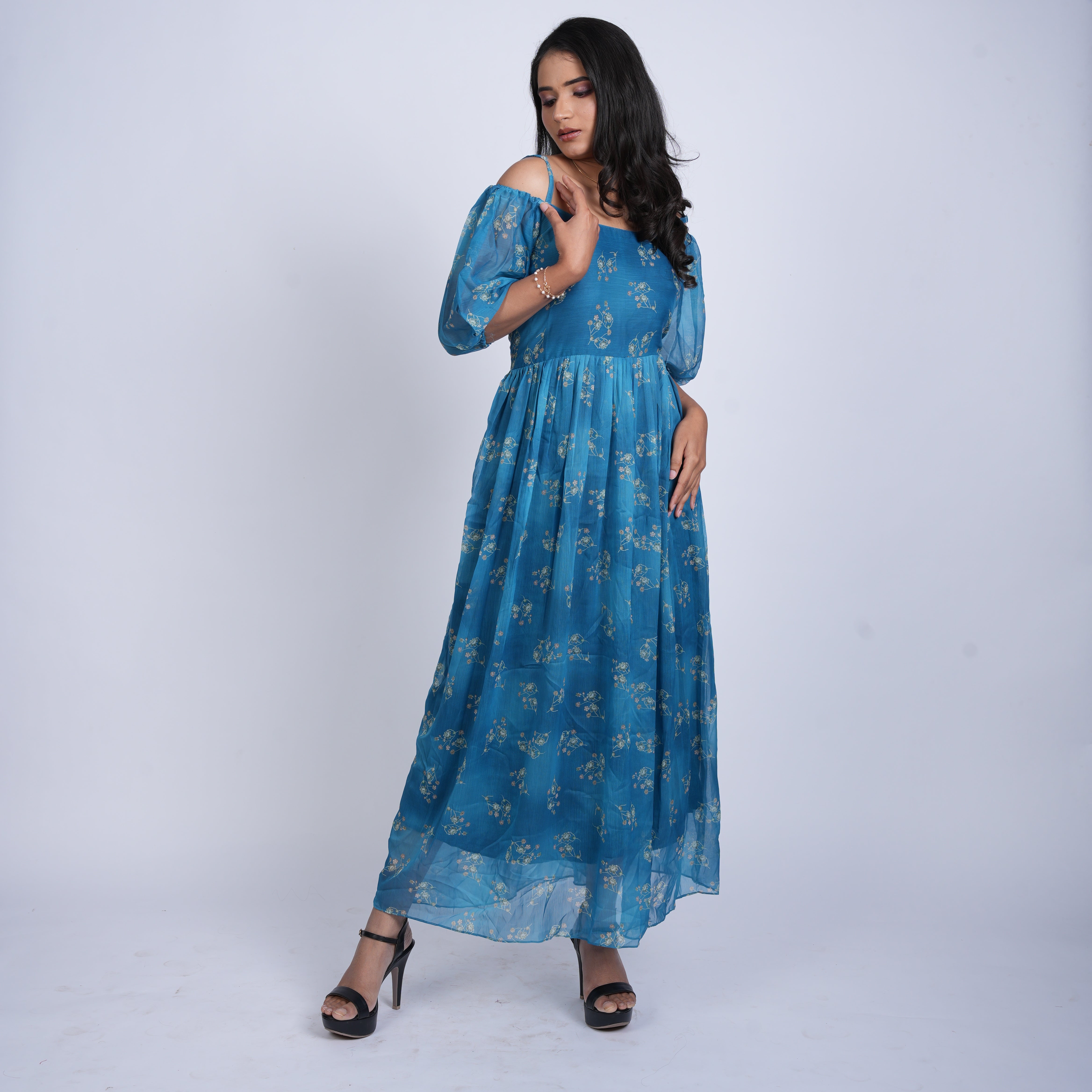Blue Floral Off-Shoulder Maxi Dress