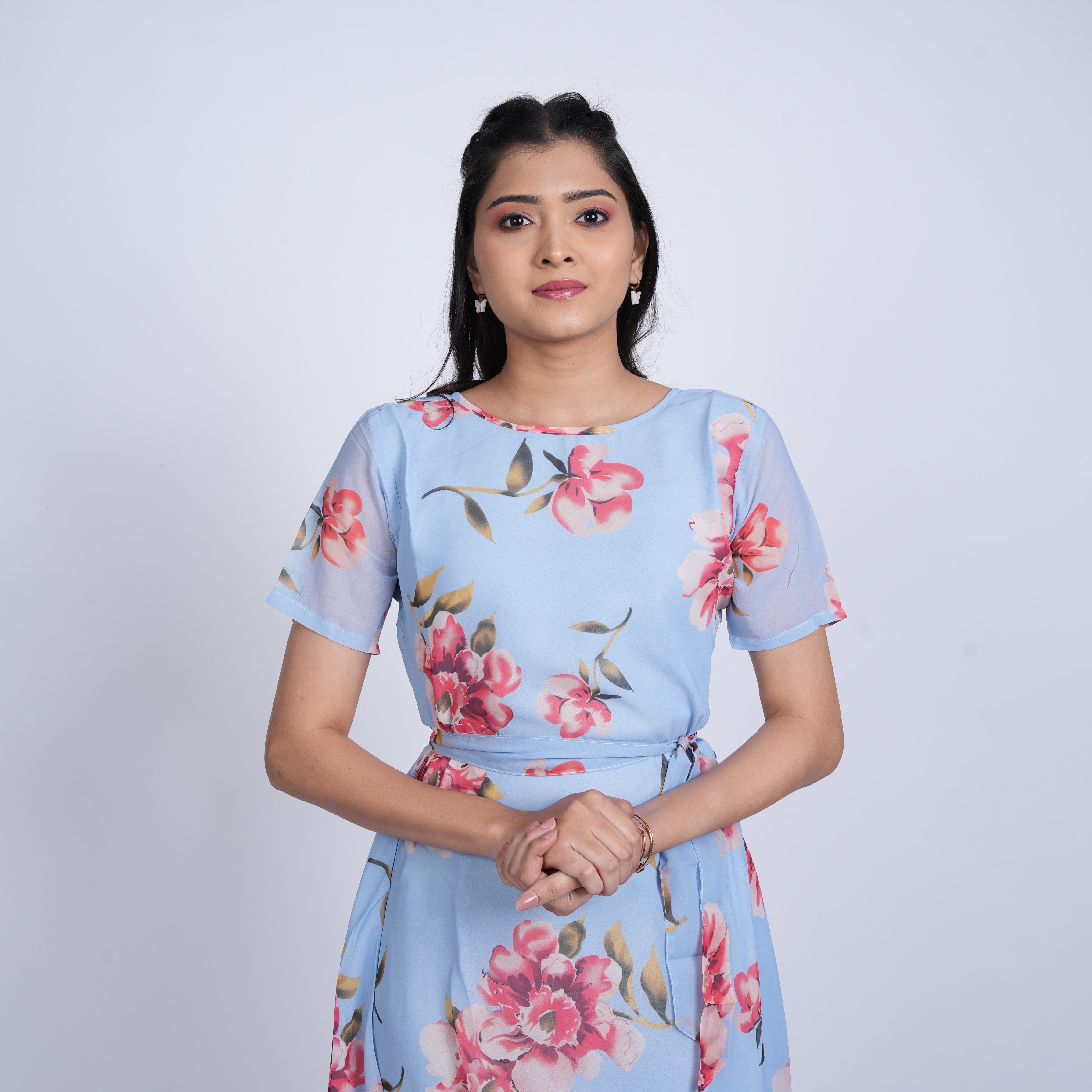 light blue floral printed midi dress