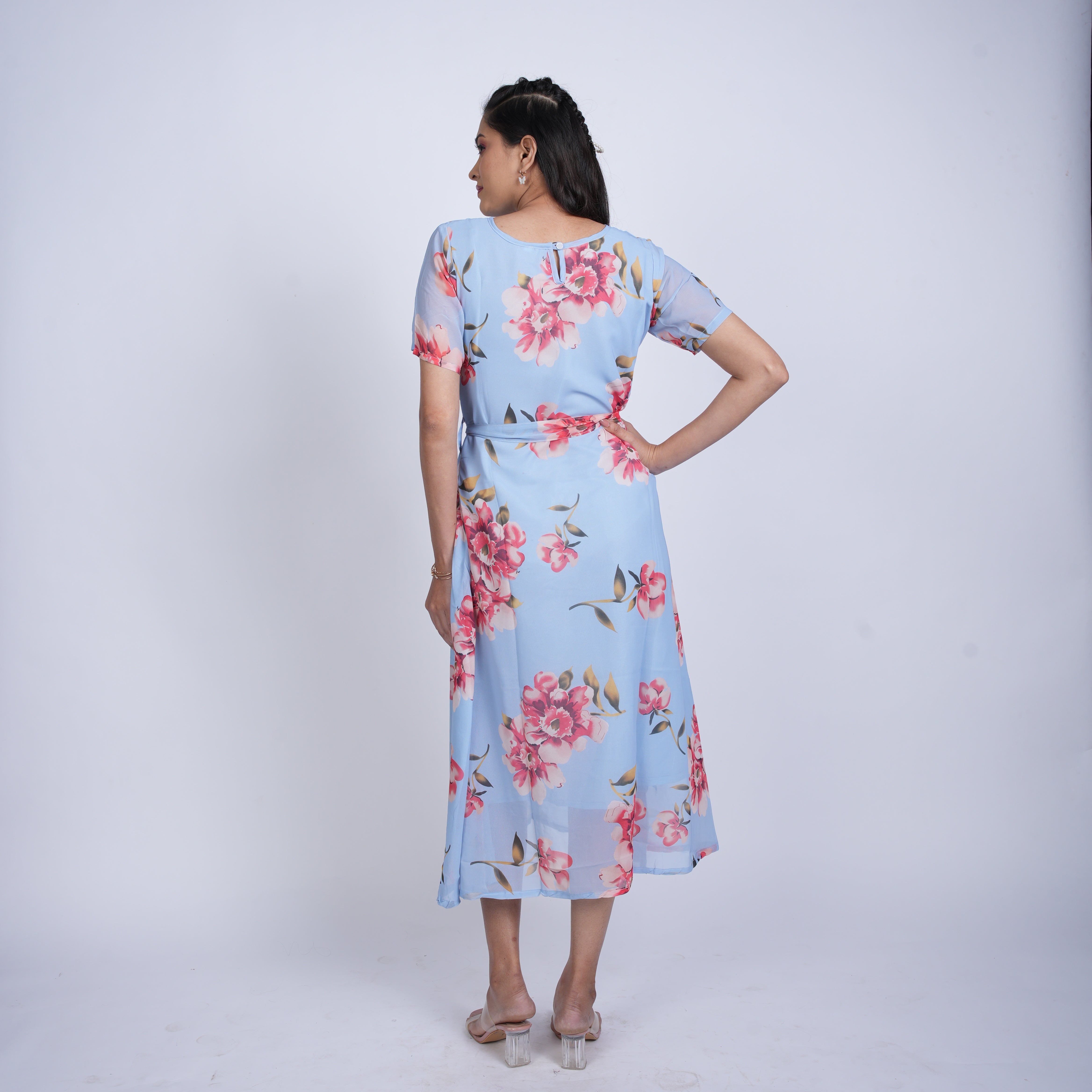 light blue floral printed midi dress