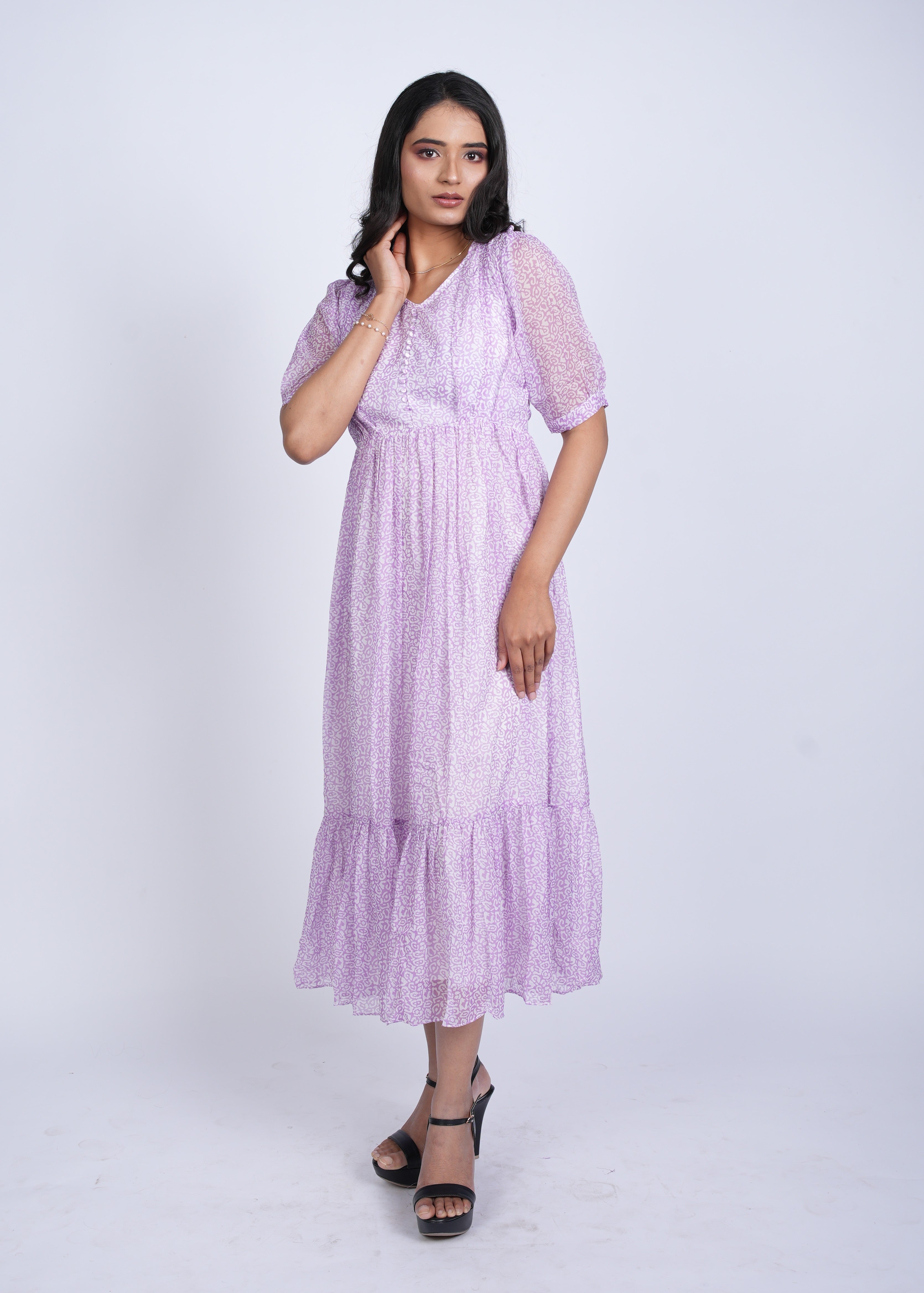 Lavender Floral Midi Dress with Puff Sleeves