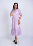 Lavender Floral Midi Dress with Puff Sleeves