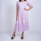Lavender Floral Midi Dress with Puff Sleeves