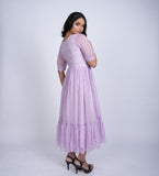 Lavender Floral Midi Dress with Puff Sleeves