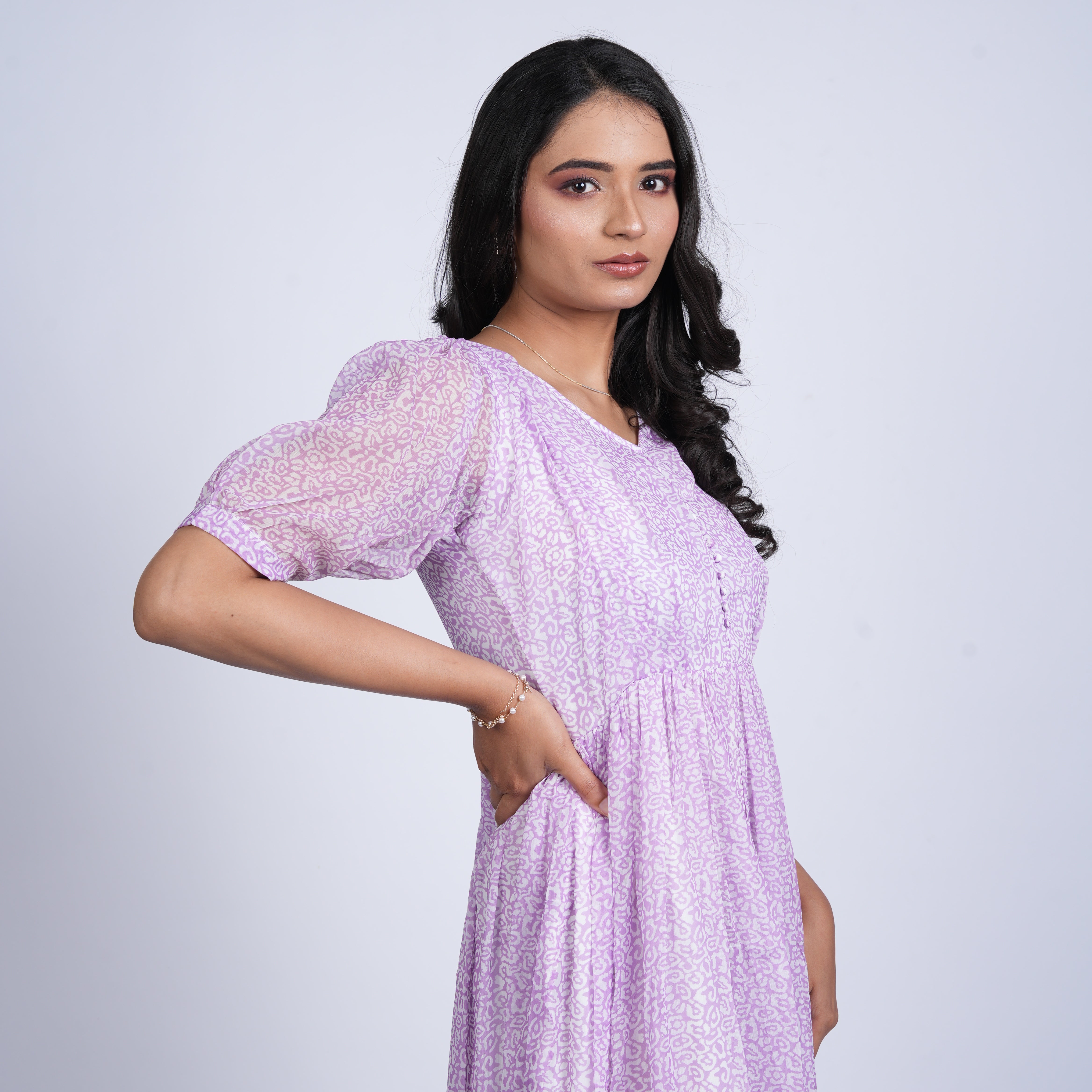 Lavender Floral Midi Dress with Puff Sleeves